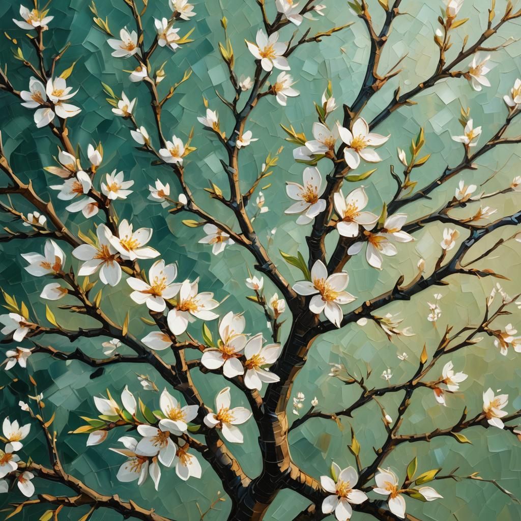 Blossoming Almond Tree in Impressionist Oil Painting