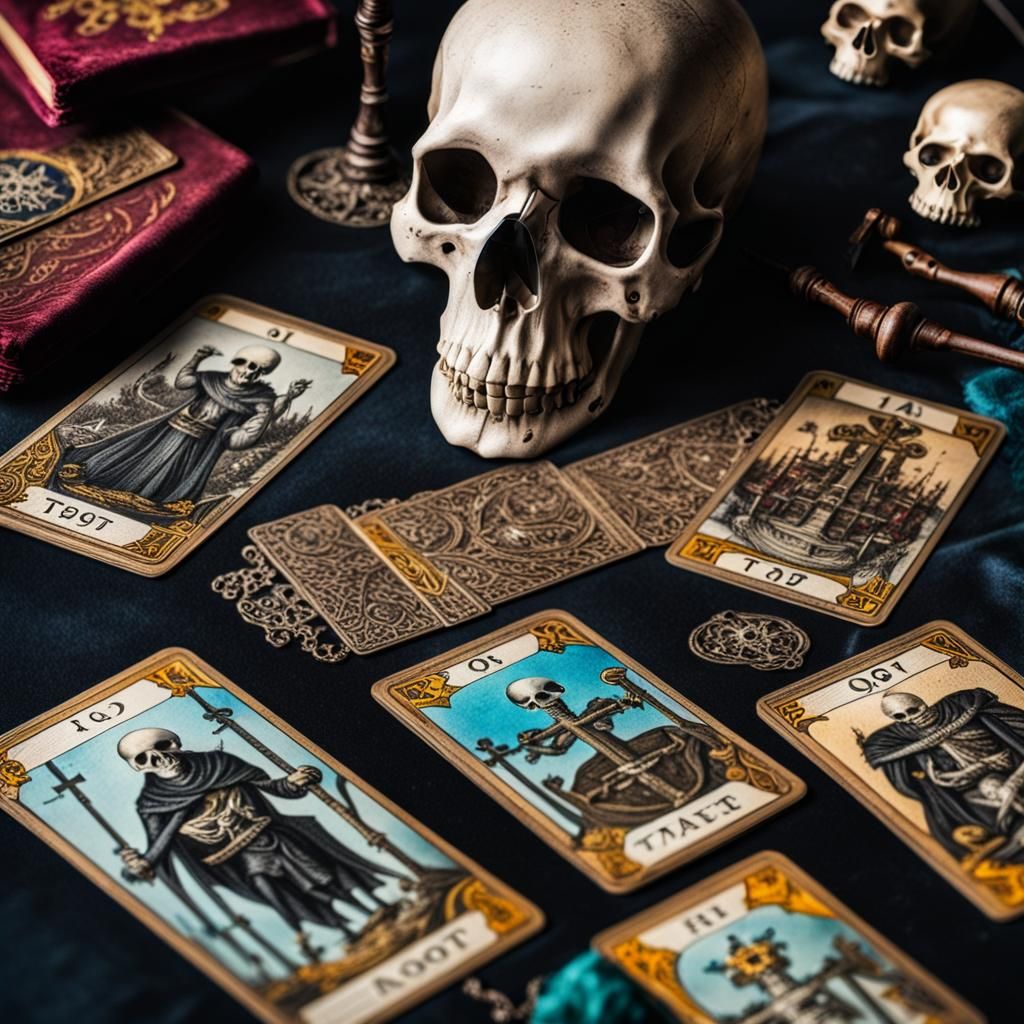 Vintage Tarot Cards and Skull Still Life