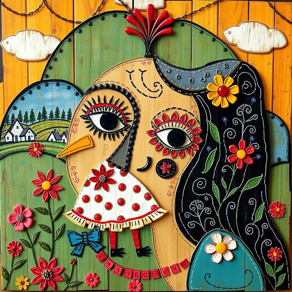 Vivid Folk Art Mixed Media Masterpiece