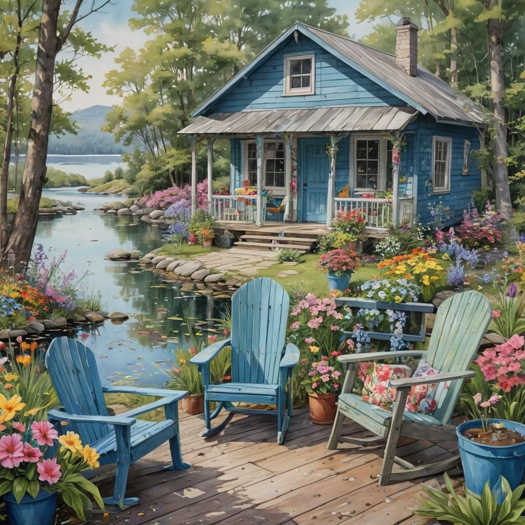 Blue Lakeside Cabin with Alcohol Ink and Watercolor