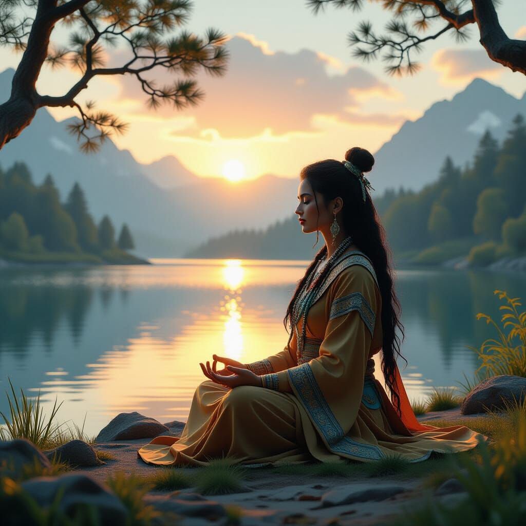 Shaman Meditating by Lake at Sunrise in Airbrush Style