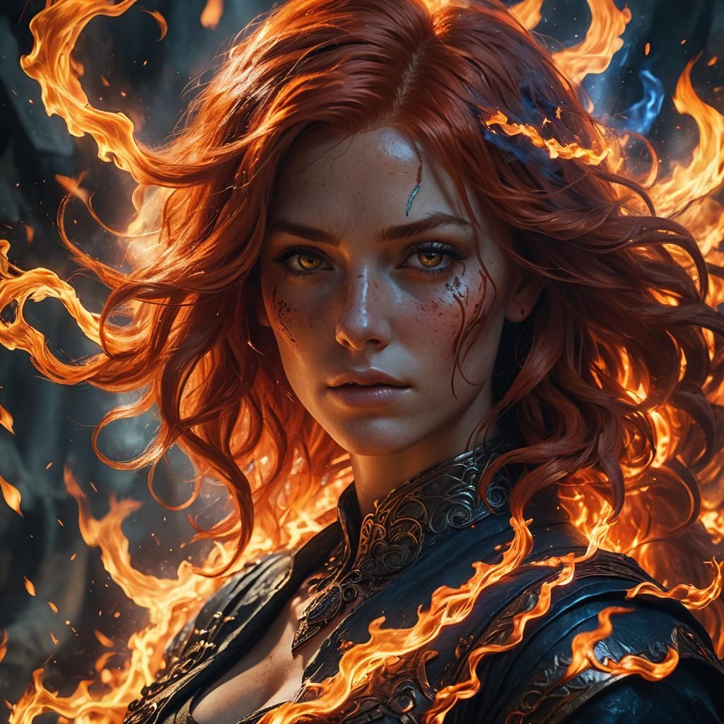 Flaming Haired Woman Portrait in Matte Painting Style