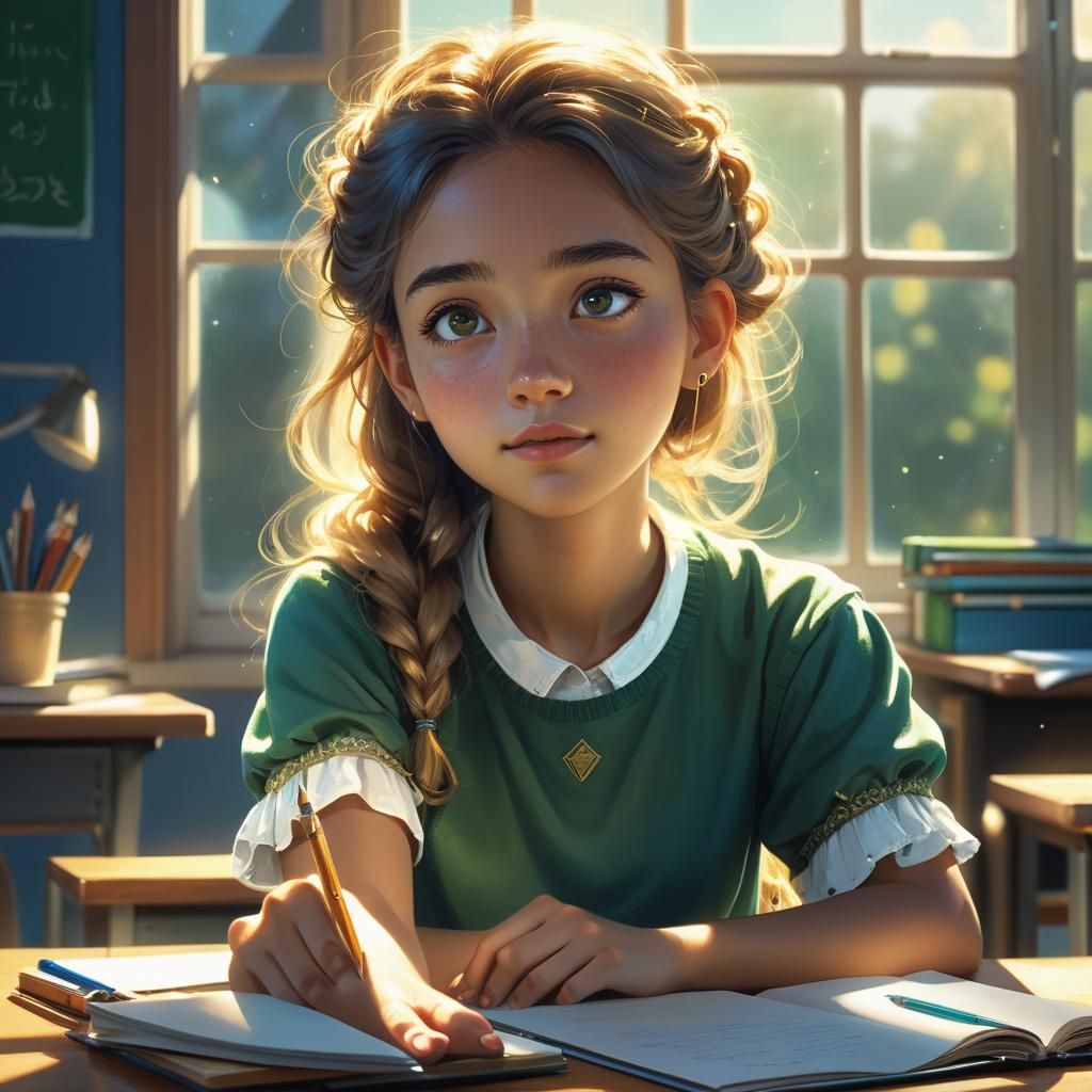 Dreamy Schoolgirl Portrait in Vibrant Digital Art