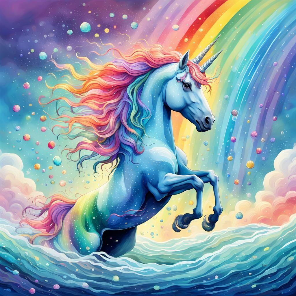 Unicorn Swimming in Rainbows: Whimsical Fantasy Art