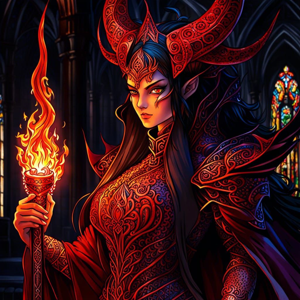 Anime Demon Woman in Cathedral with Torches