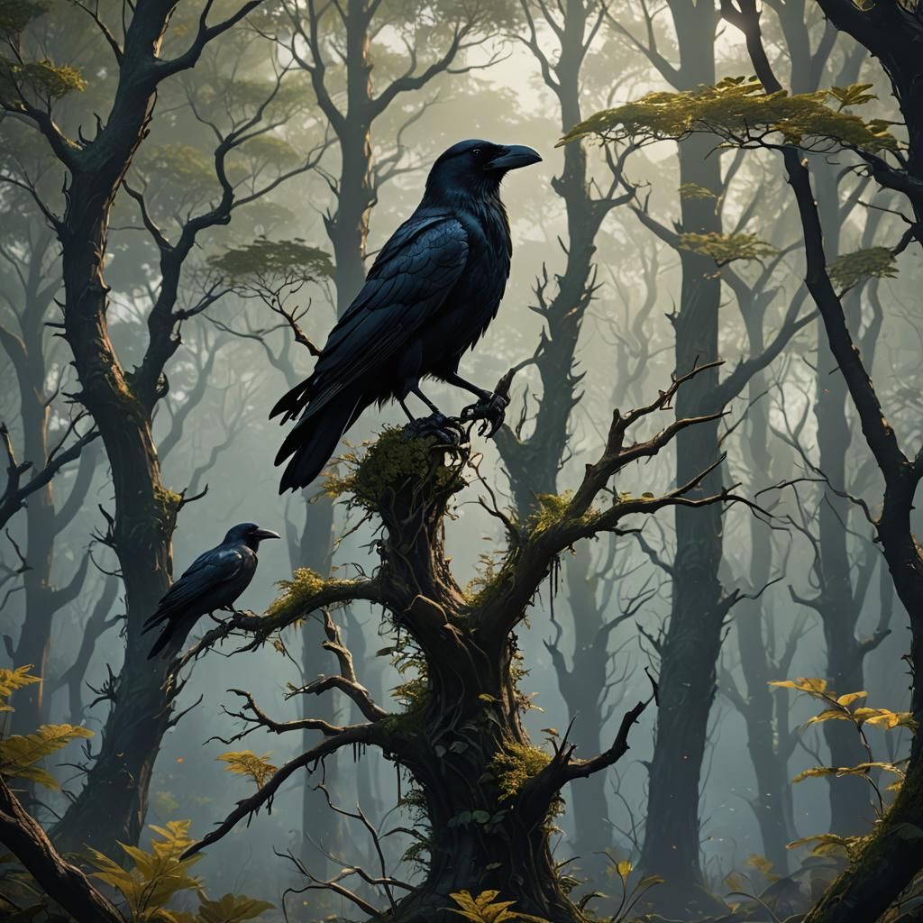 Realistic Crow in Forest: Detailed Matte Painting