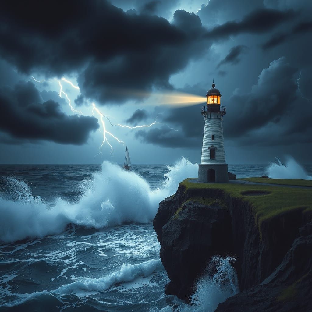 Lighthouse Waves as Lightning Storm Rages