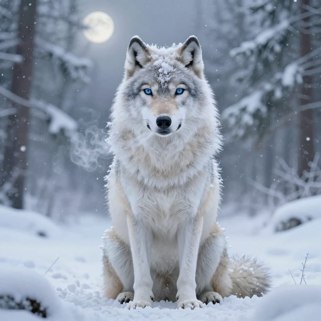 Majestic Snow Wolf in Frosted Forest Digital Painting