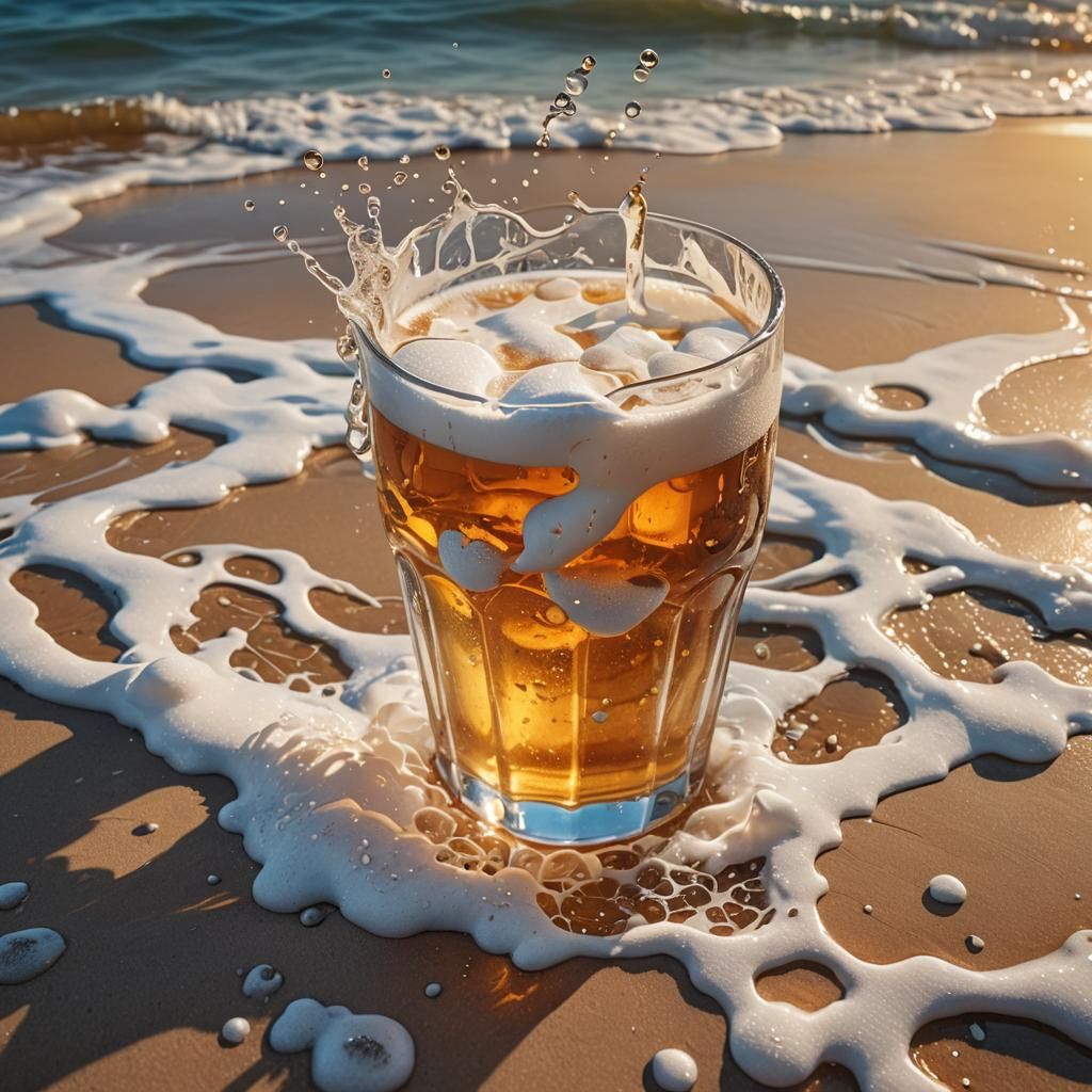 Sunset Beer Splash Art in Hyperrealistic Style