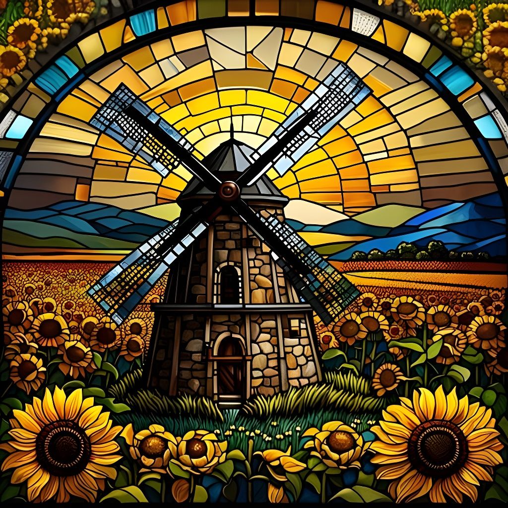 Stained Glass Windmill in Sunflower Field