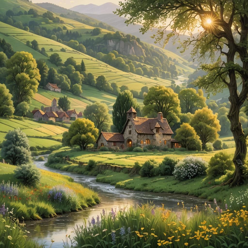 Medieval Farm at Dawn: A Fantastical Realism Landscape
