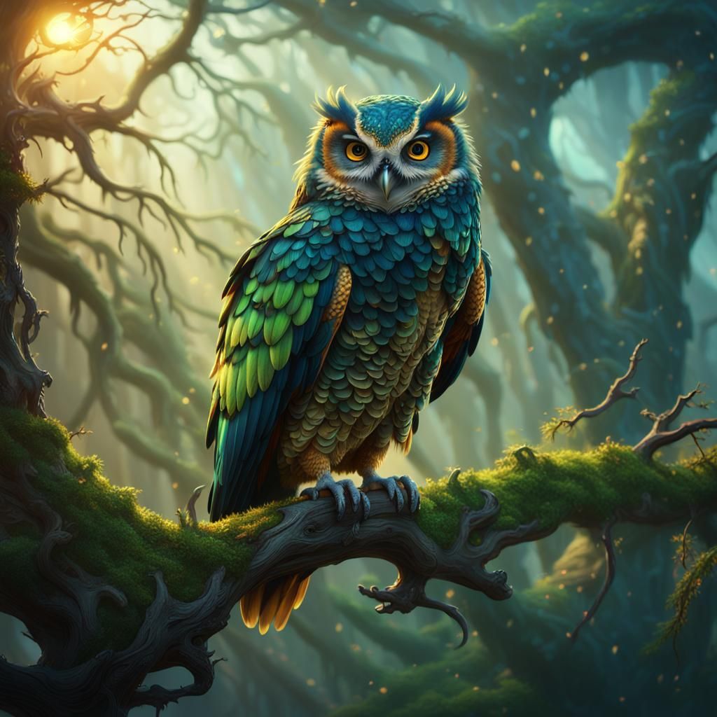 Owl-Parrot Dragon in Golden Hour Light