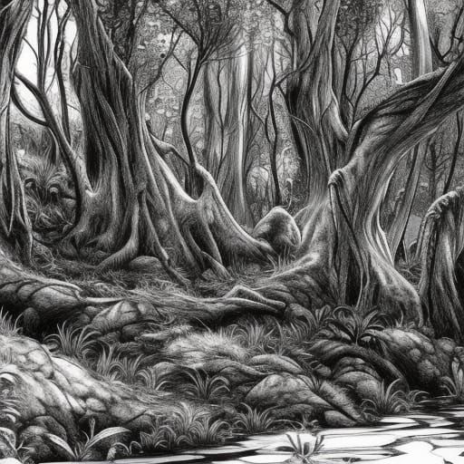 Detailed Forest Line Drawing Coloring Page