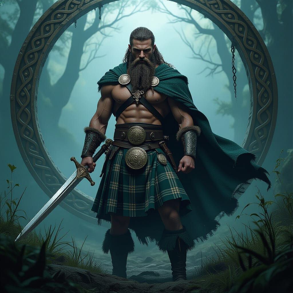 Mystical Irish Warrior in Celtic Nature, Dark Art Style