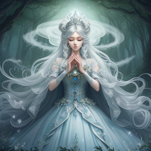 Regal Princess with Cloud Crown in Enchanted Forest