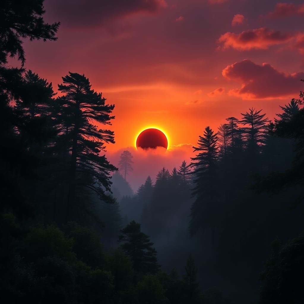 Dramatic Solar Eclipse in Misty Forest Landscape