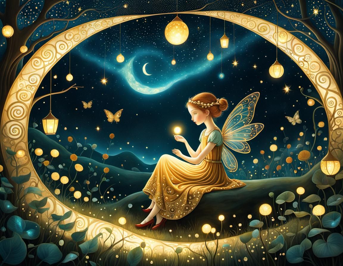 Magical Stargazing with Fairy Lights, Klimt-Inspired Illustr...