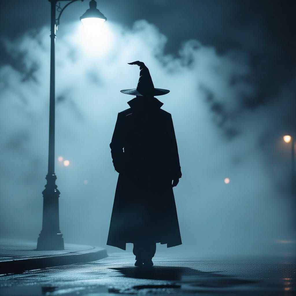 Mysterious Figure in Mist: A Film Noir Scene