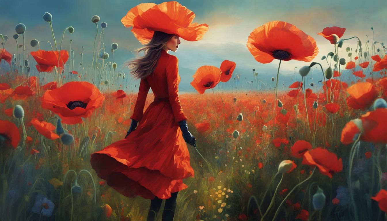 Poppy Flower Woman in a Poppy Field