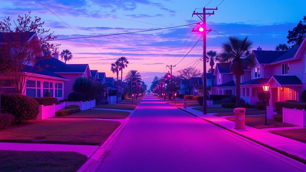 A surreal, purple and pink street in suburban America at night, with a 1990s aesthetic and a dreamlike quality.