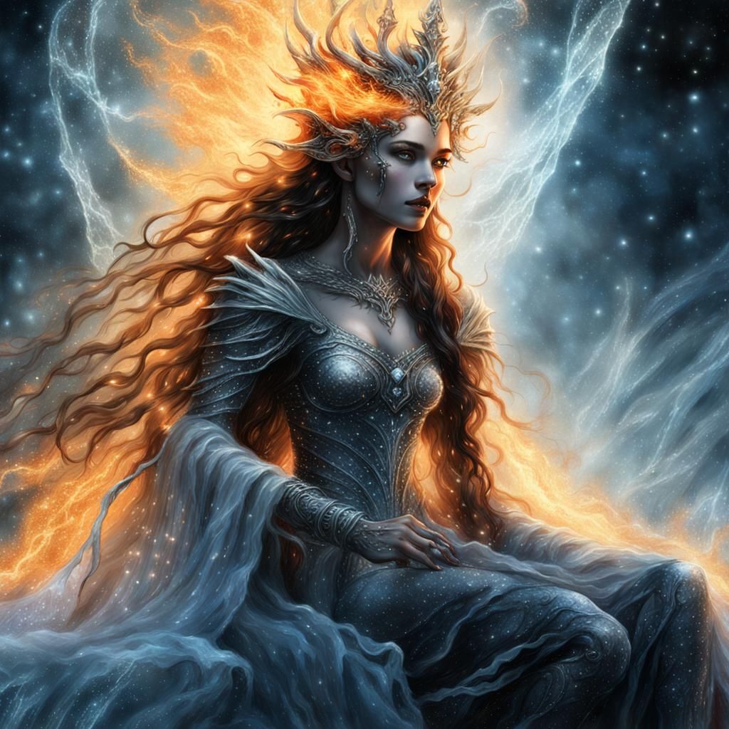 Fire Goddess on Ice Throne in Dark Fantasy Art