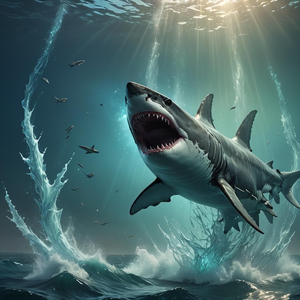 Majestic Shark Breaching Bioluminescent Ocean in Fantasy Art