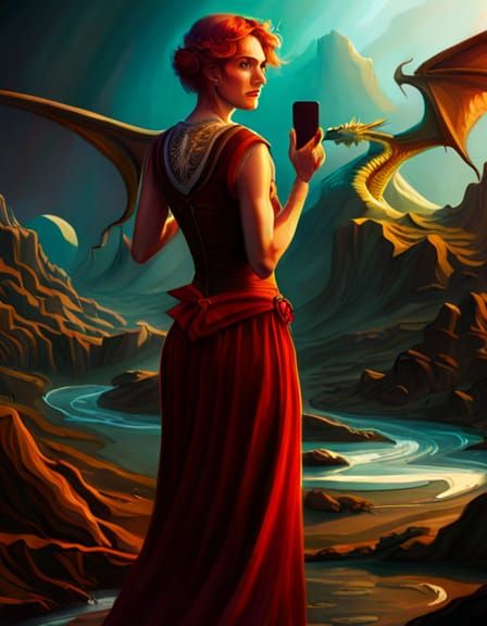 Woman's Selfie with Dragon: Detailed Fantasy Art