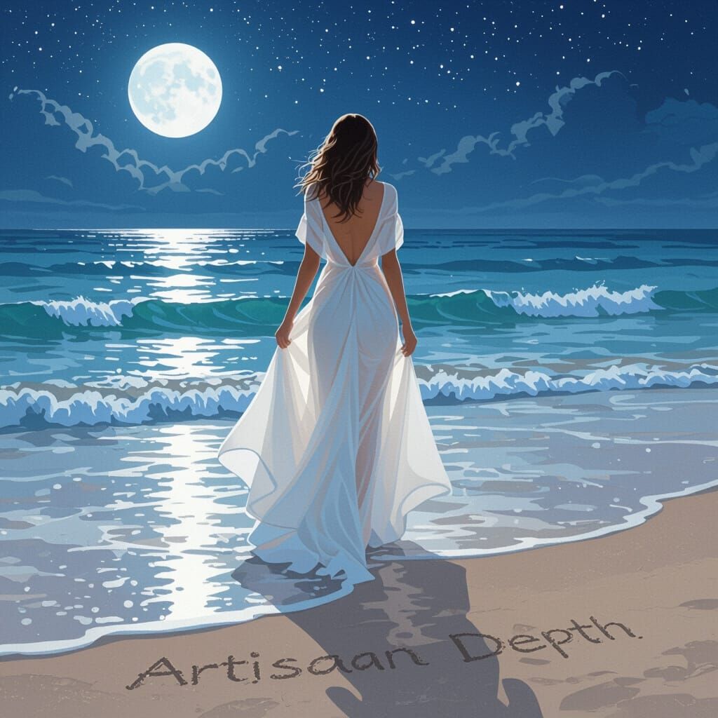 Ethereal Woman in Flowing Dress Walking into Ocean