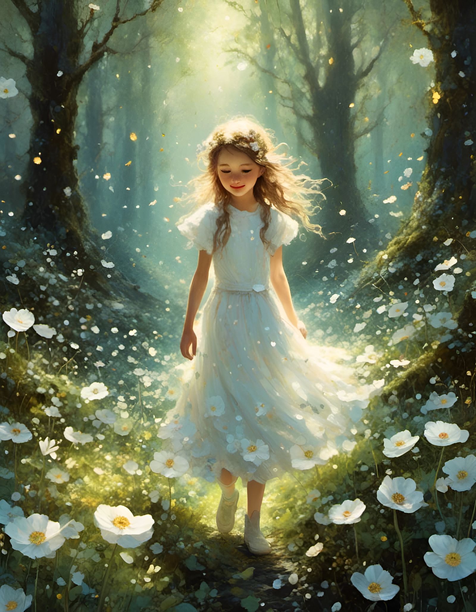 Girl in Forest of Spring Flowers