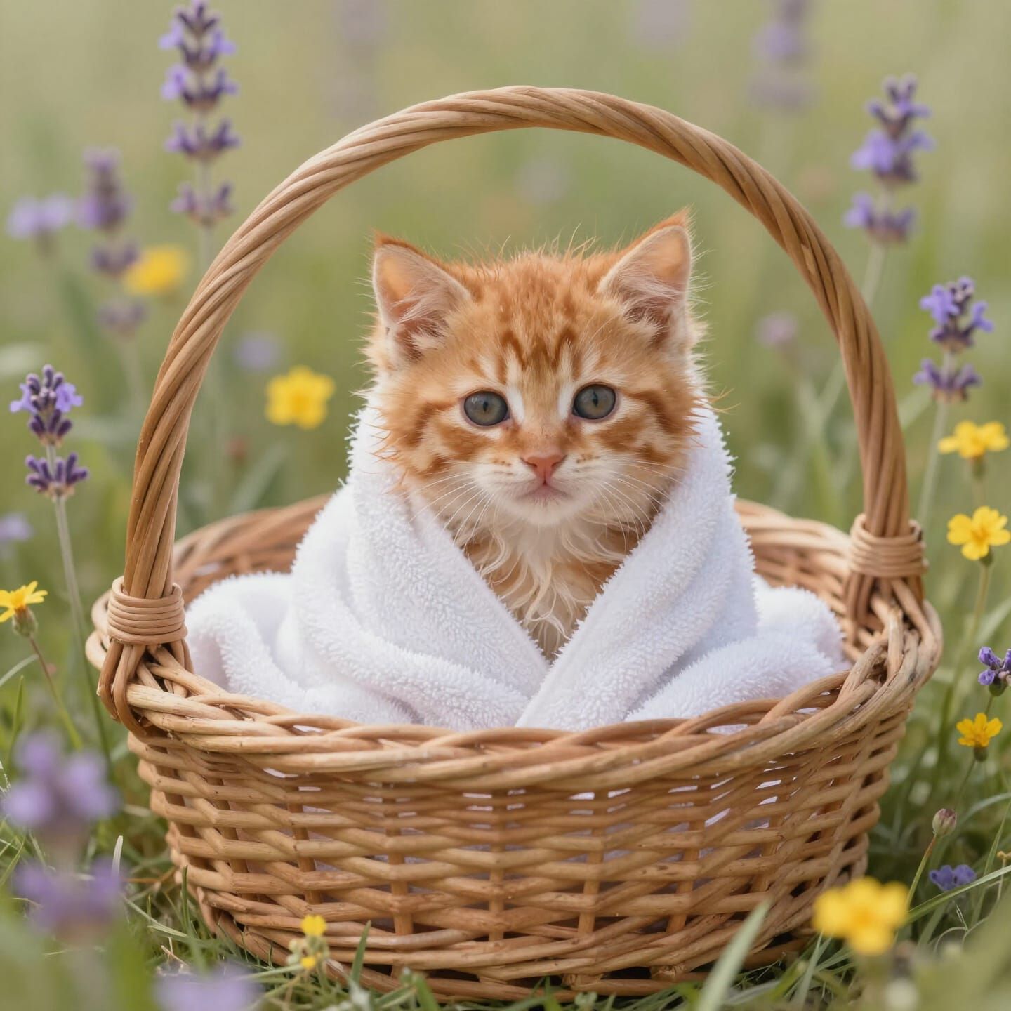 Adorable Ginger Kitten in Towel, Nestled in Flowers