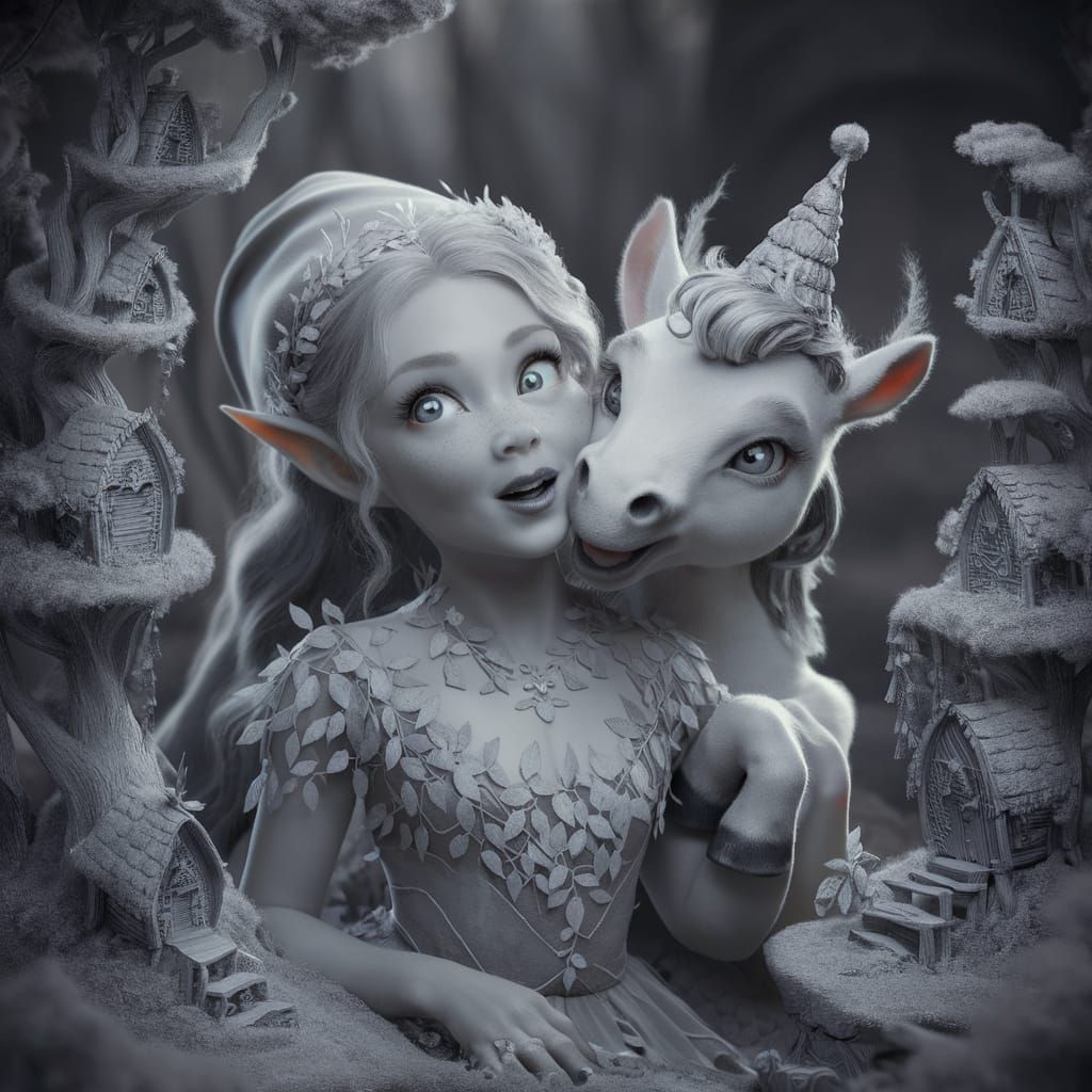 Elf and Unicorn Kiss in Enchanted Woodland