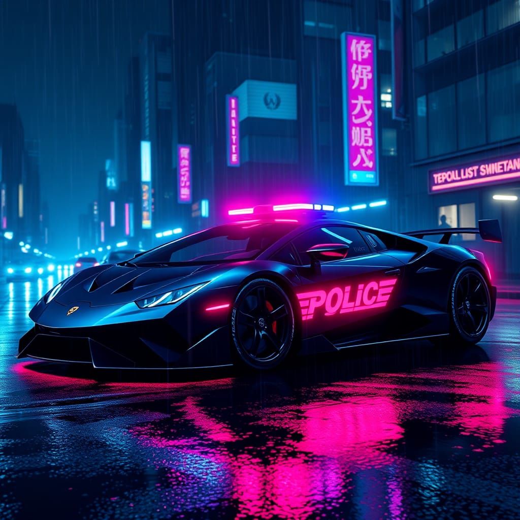 Synthwave Police Car in Neon Cityscape