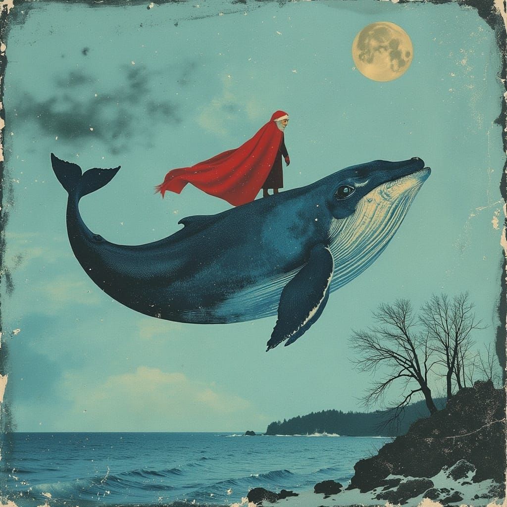 Blue Whale Christmas Flight with Santa in Surreal Style