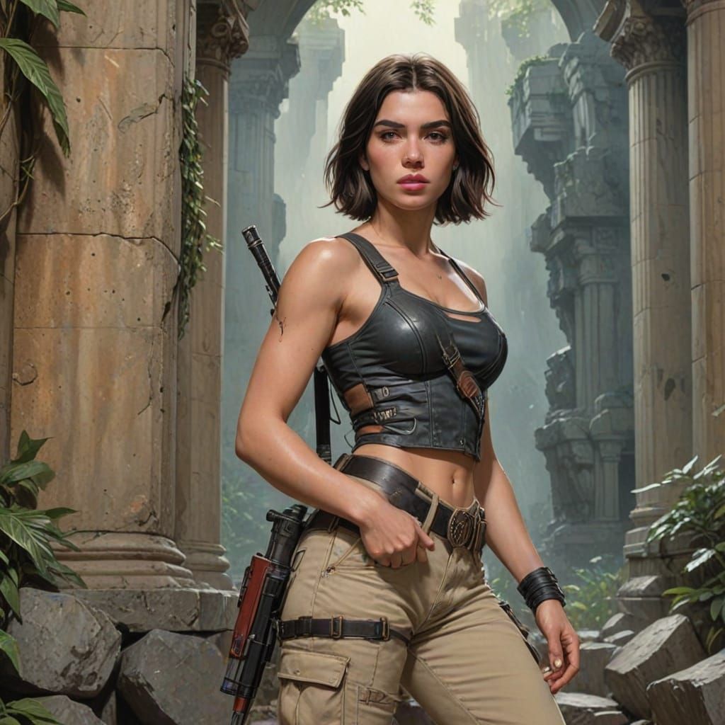 Dua Lipa as Adventurous Lara Croft in Futuristic Temple Ruin