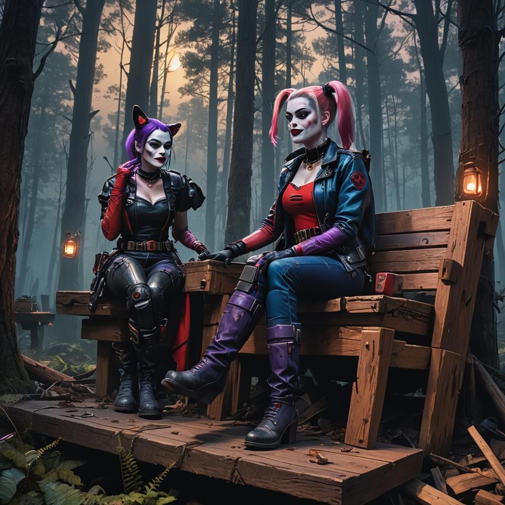 Harley Quinn and Catwoman Enchanted Woodwork in Mystical For...