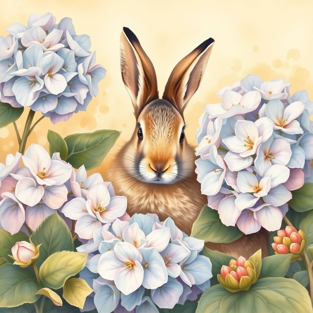 Whimsical Hare in Hydrangeas, a Dreamy Gouache Painting