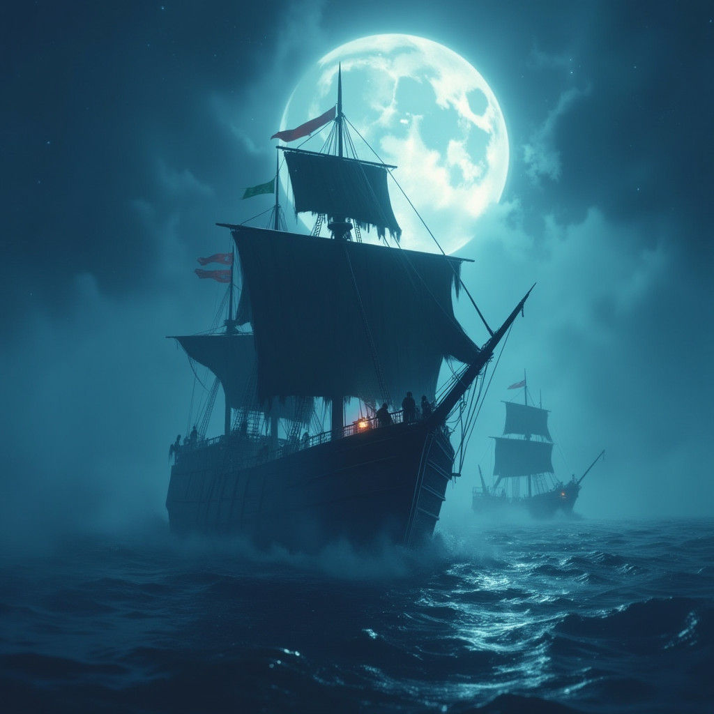 Black Pearl Sails Eerie Sea in Fantasy Art Style