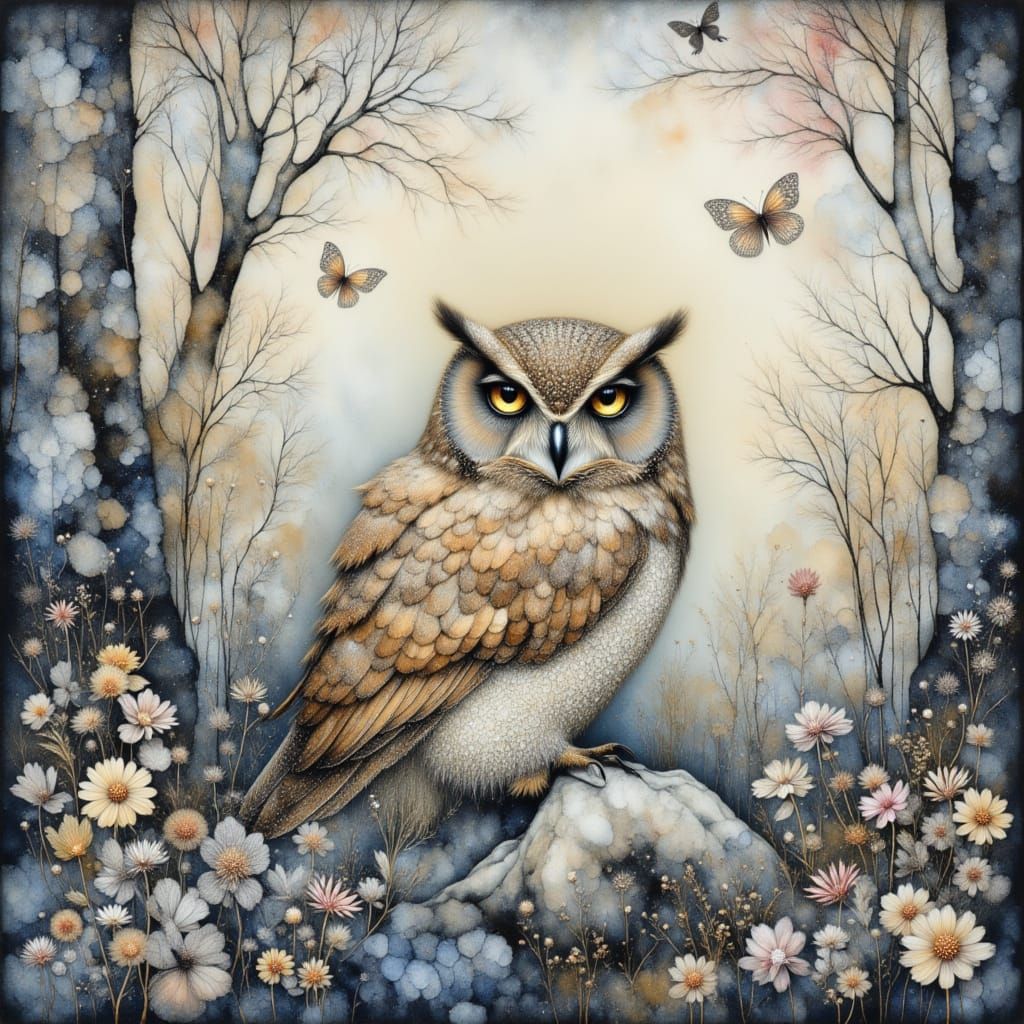Watercolor Owl Drawing with Lace Texture in Misty Forest