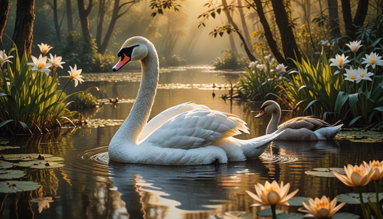 Swan and Ducks in Forest Pond, Oil Painting