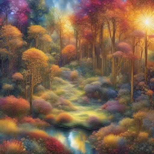 Vast Wilderness Cliffs Above Crystal Lake in Oil Painting St...