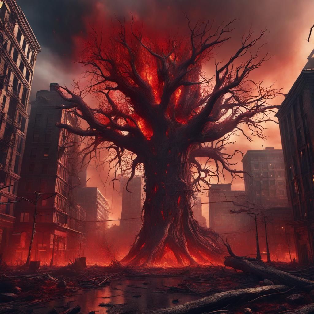 Burning City Under Giant Dead Tree