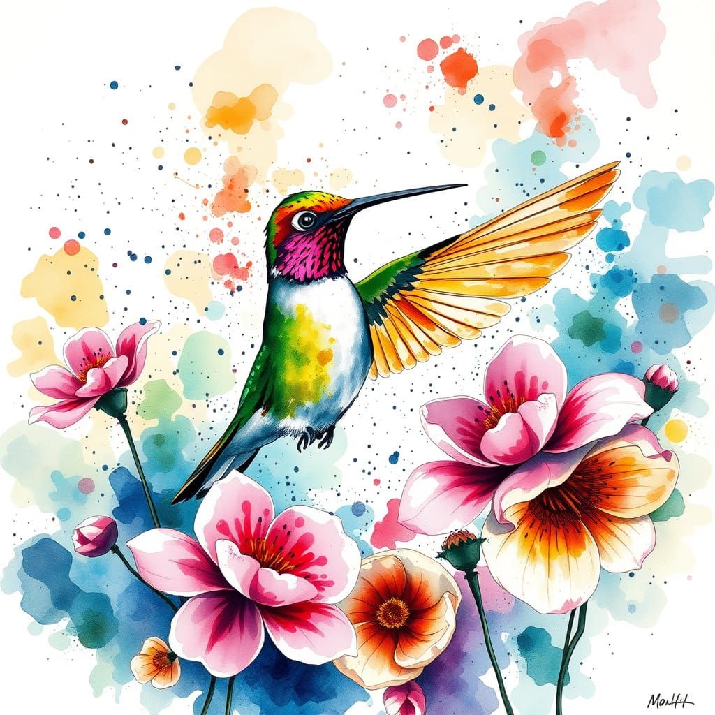 Hummingbird in Flight: A Watercolor Painting