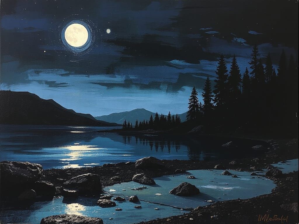 Midnight Landscape in Mixed Media Style