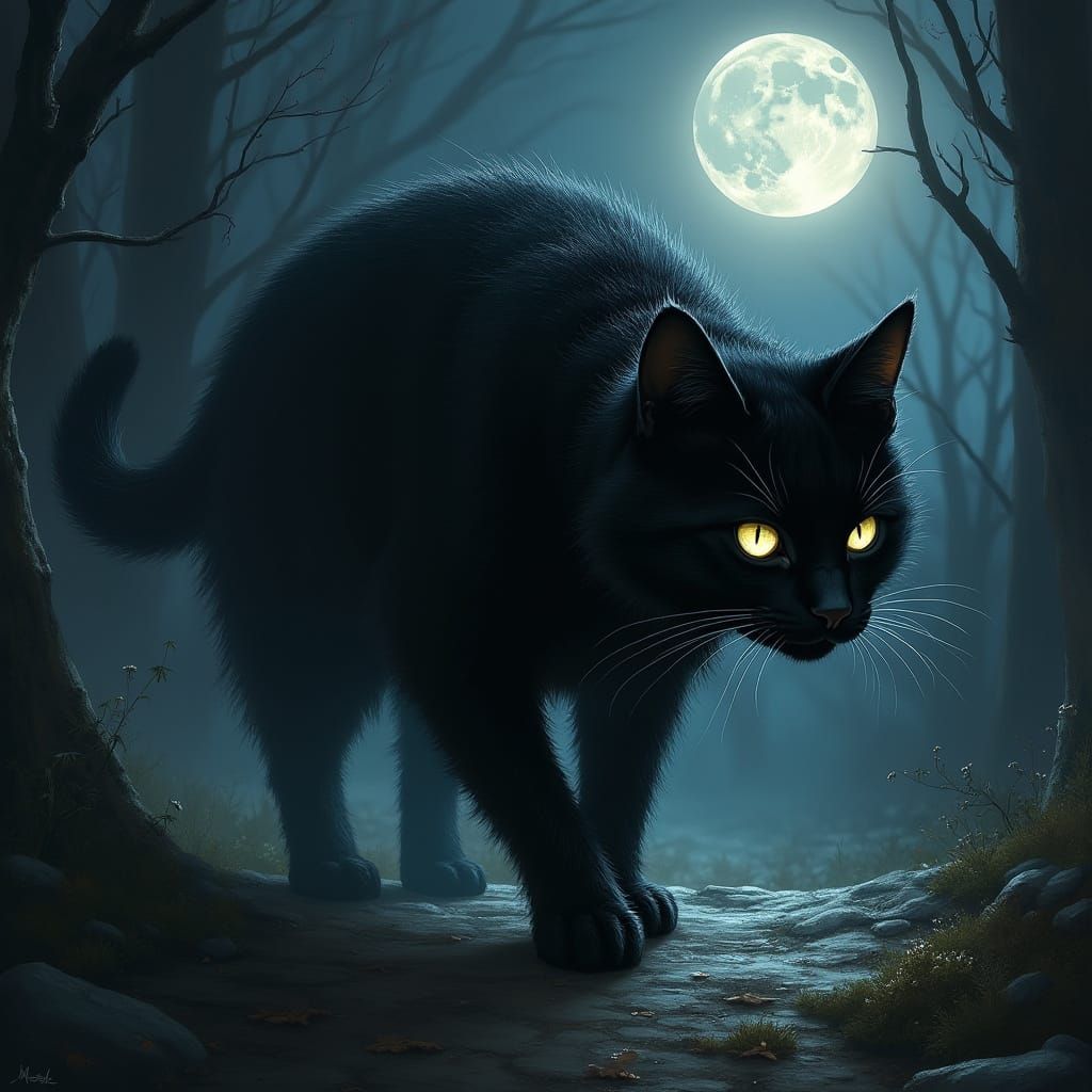 Mystical Black Cat Prowling in Dark Fantasy Style