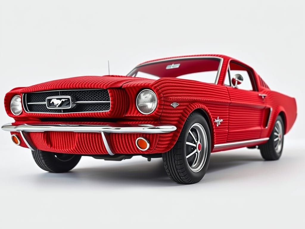 Surreal Red Corduroy Ford Mustang Sculpture in Hyper-Realist...