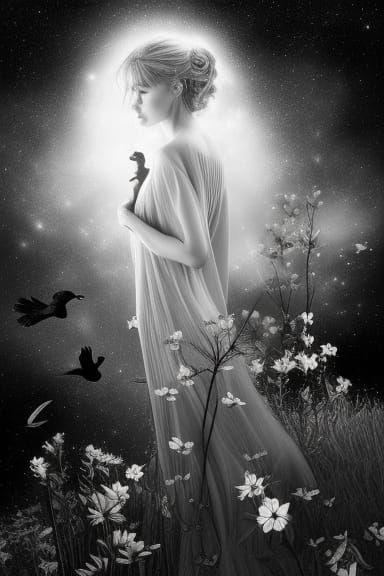 Girl and Landscape Double Exposure in Magic Realism Style