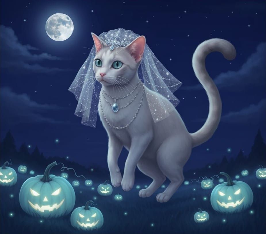 Elegant Cat in Ghostly Veil and Spectral Pumpkins
