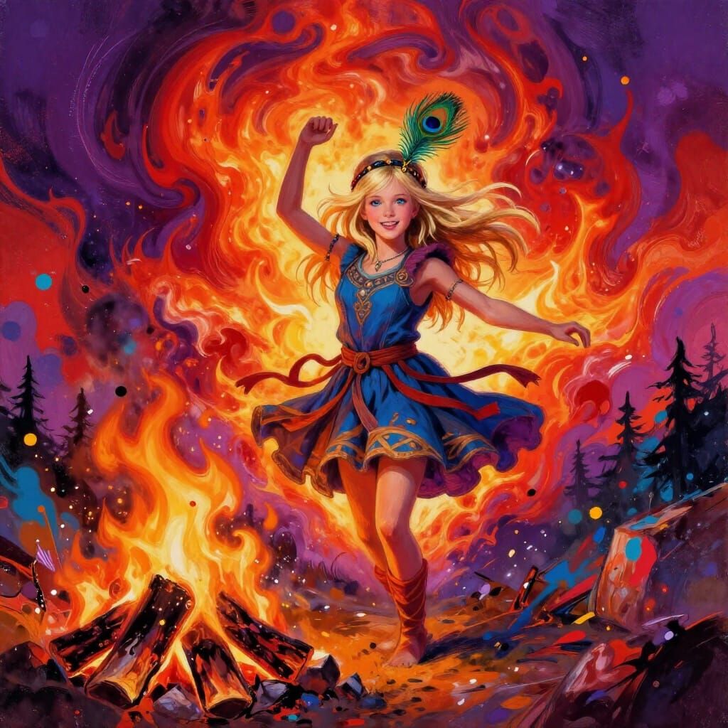 Swedish Girl Dancing Under Ragnarök Sky in Graffiti Style