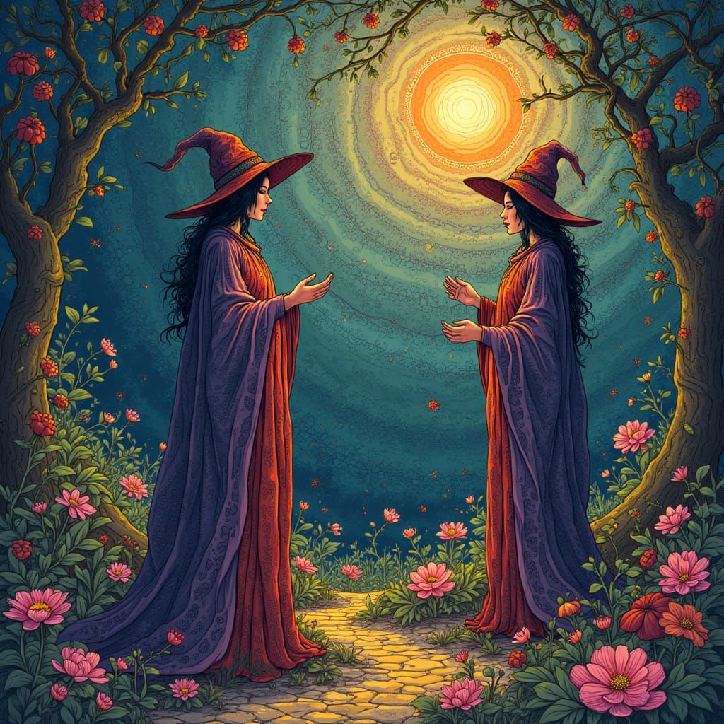 Mystical Witches Reflecting, Releasing Energy in Abstract St...