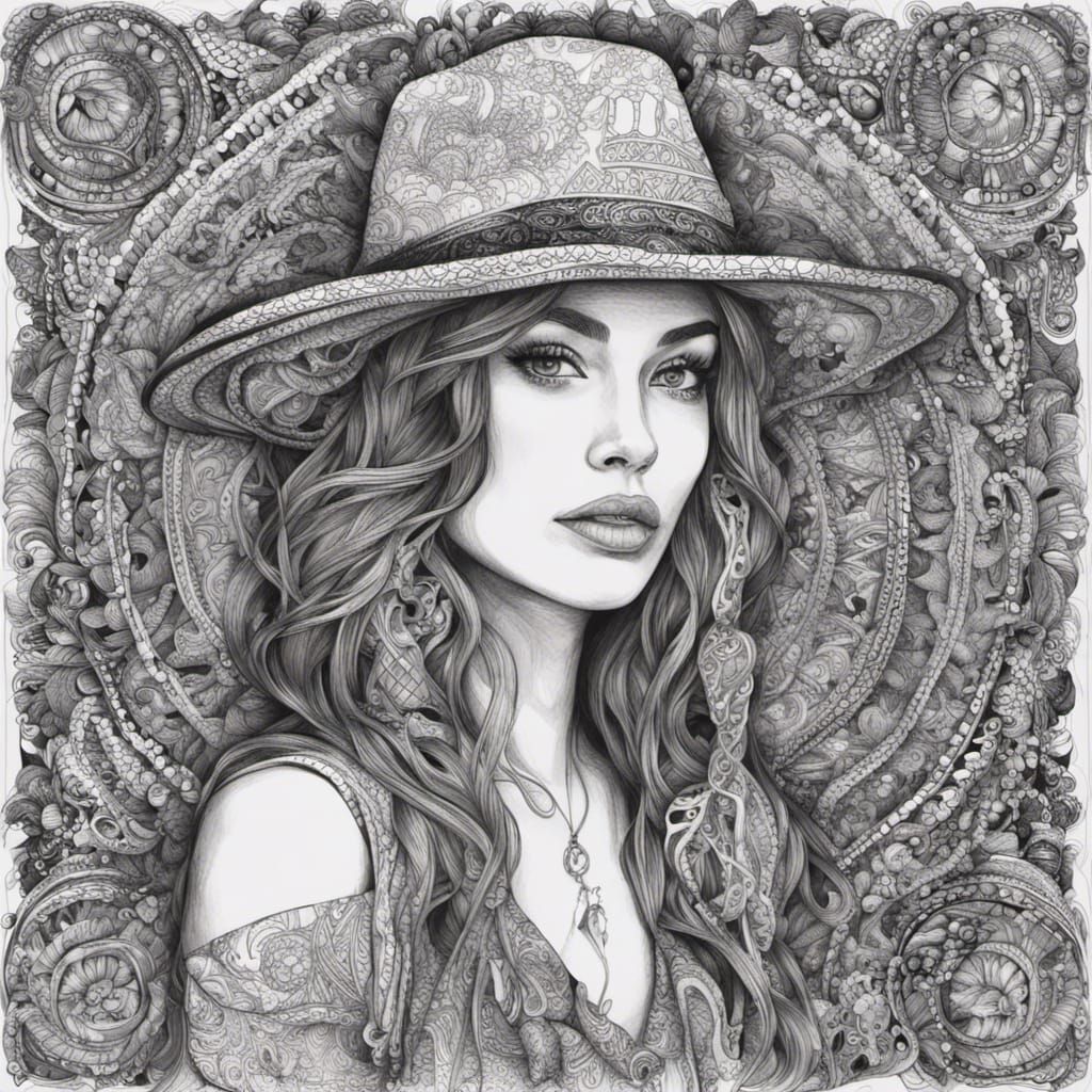 Intricate Zentangle Portrait of Woman in Fedora